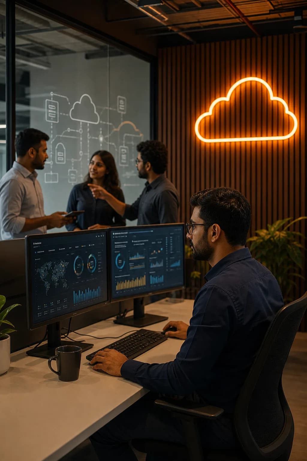 Technology team working through delivery in a modern workspace